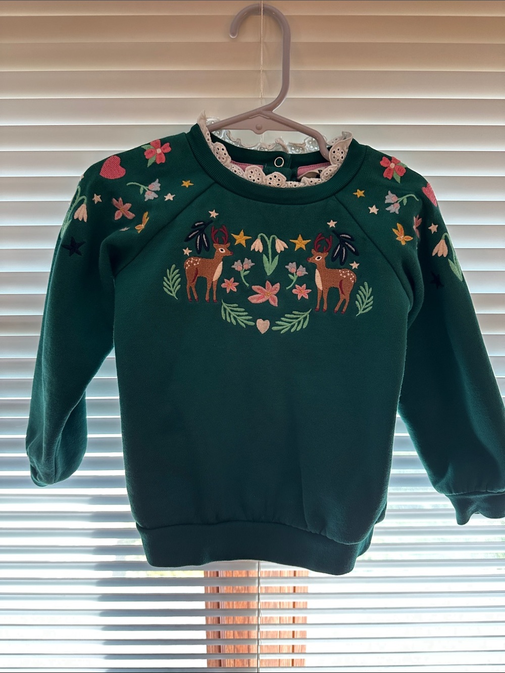 Mini Boden Forest Green Sweatshirt with Embroidered Deer & Floral Accents